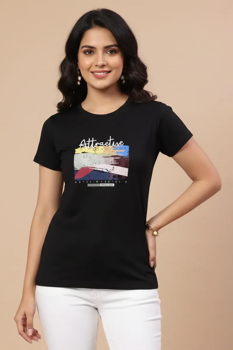 Cotton Blend Typographic Printed T-Shirt for Women 010384XXLBLA