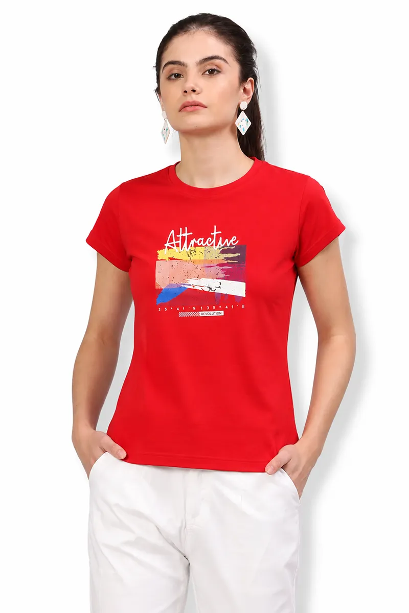 Cotton Blend Typographic Printed T-Shirt for Women