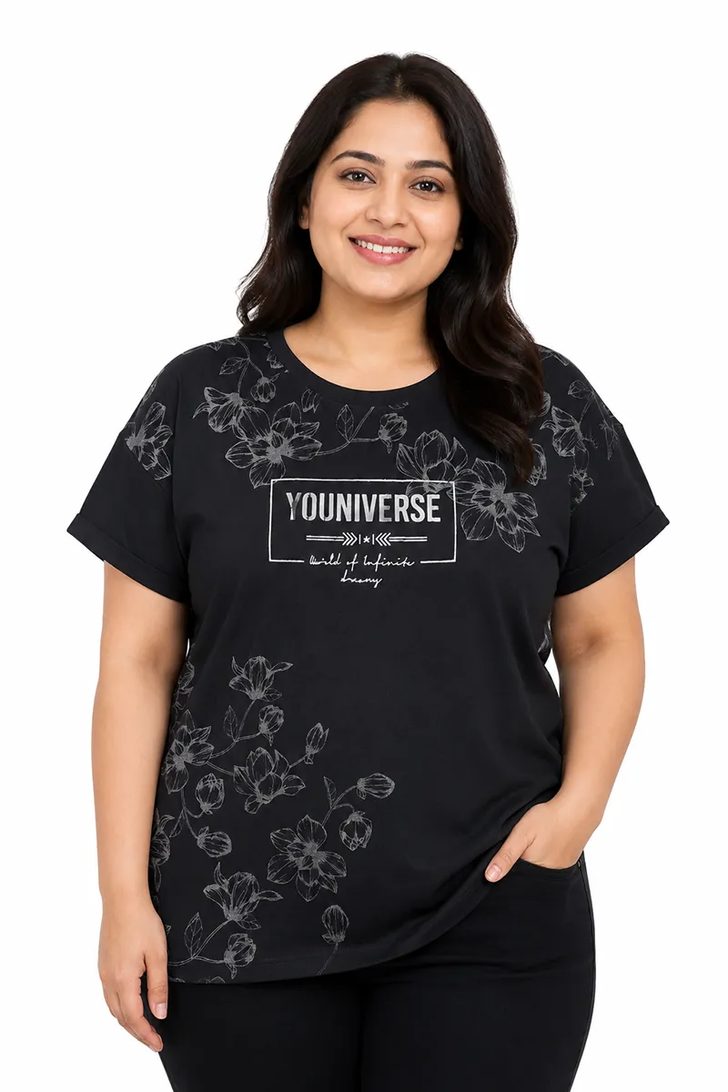 Cotton Blend Typographic Printed T-Shirt for Women - Plus Size