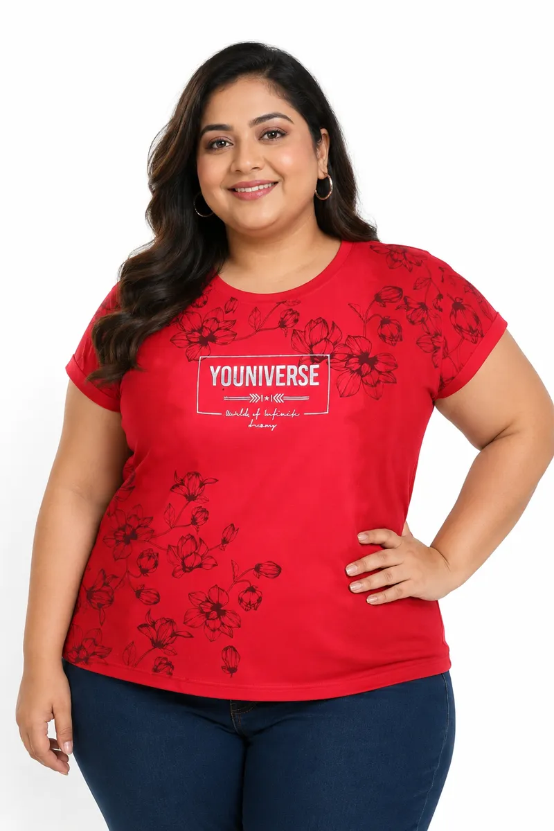 Cotton Blend Typographic Printed T-Shirt for Women - Plus Size