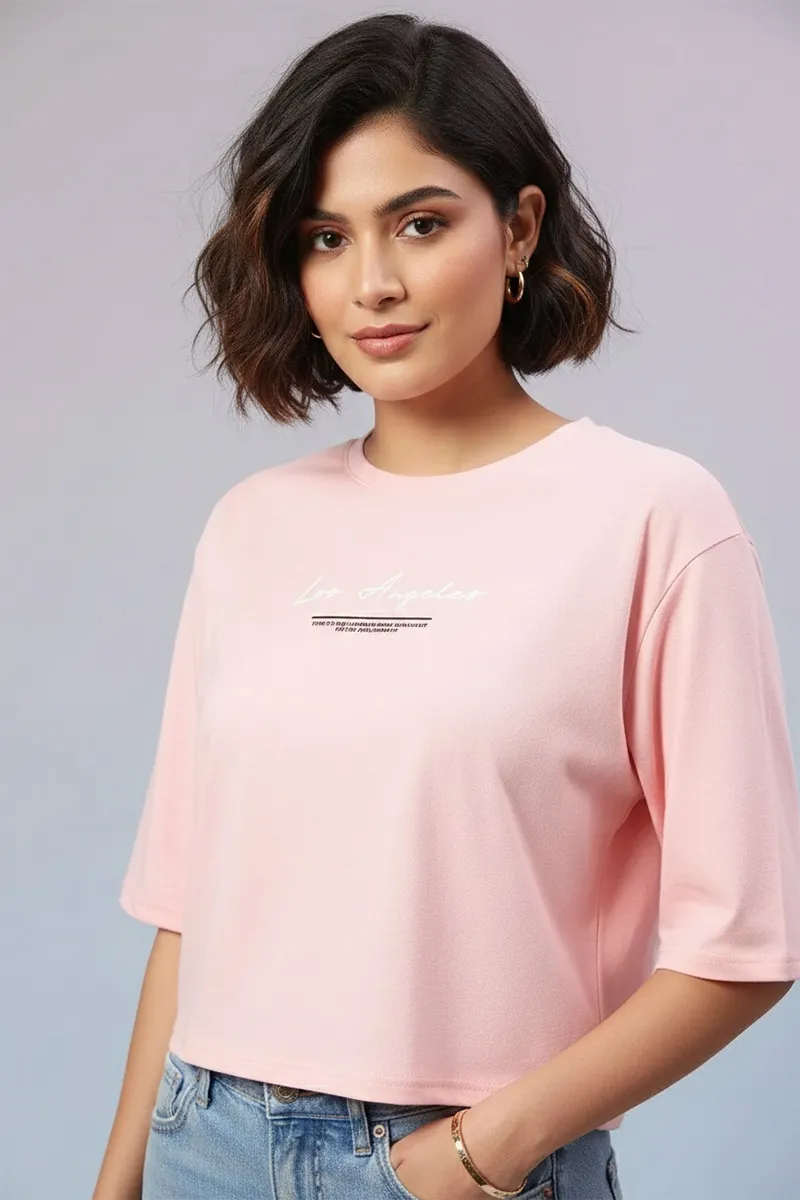Cotton Blend Typographic Printed T-Shirt for Women 010393XLBABPIN