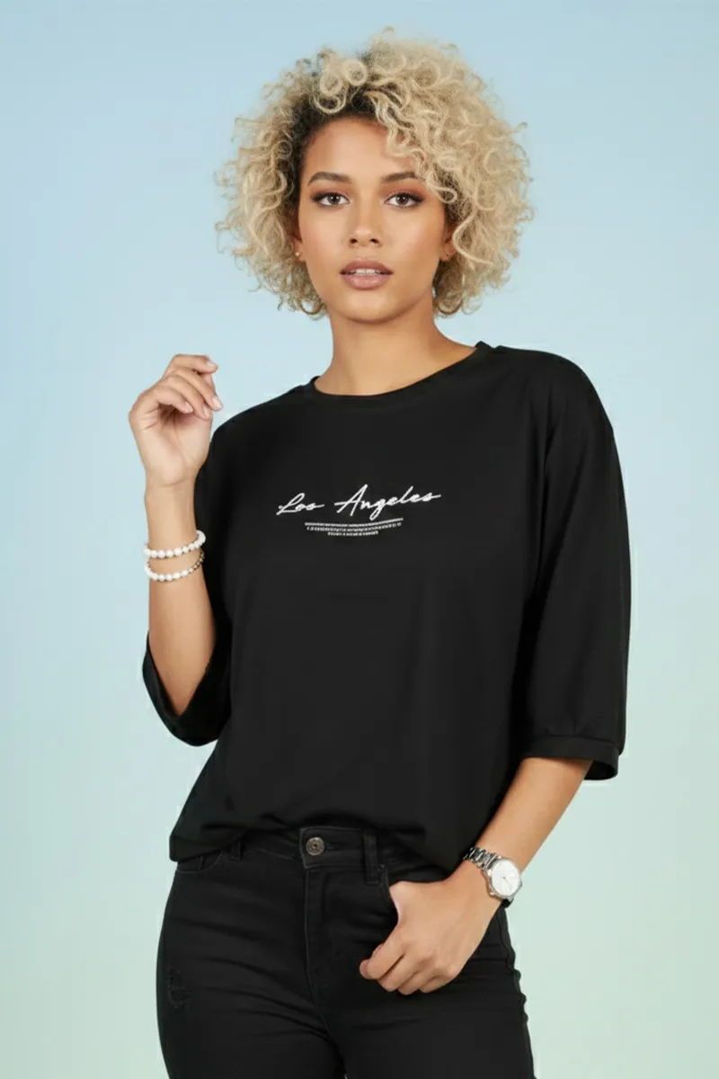 Cotton Blend Typographic Printed T-Shirt for Women 010393XLBLA