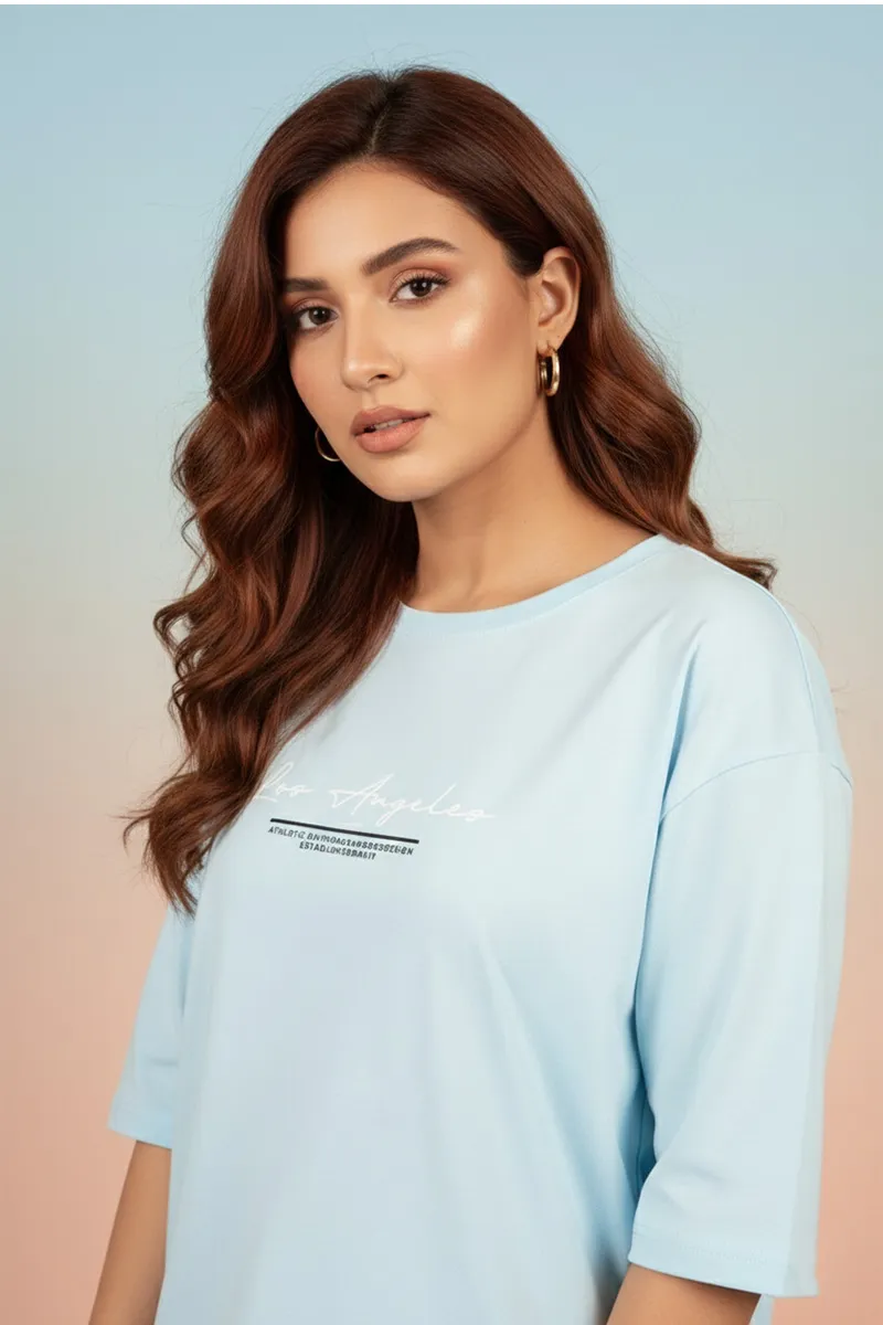 Cotton Blend Typographic Printed T-Shirt for Women 010393XLSKYBLU
