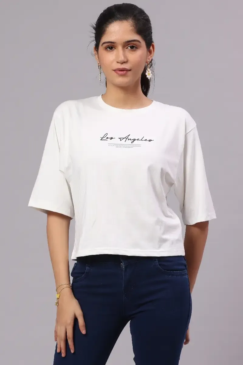 Cotton Blend Typographic Printed T-Shirt for Women 010393XLWHI