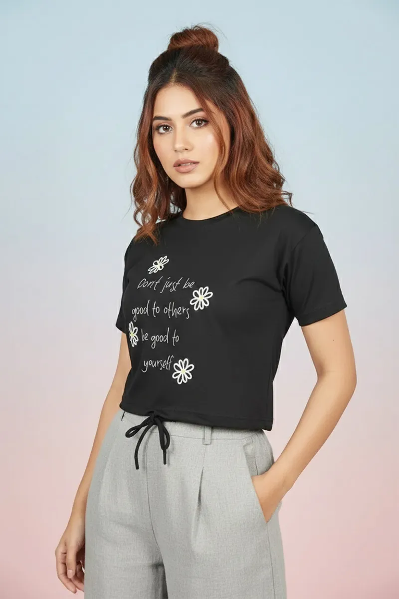 Cotton Blend Typographic Printed T-Shirt for Women 010398XLBLA