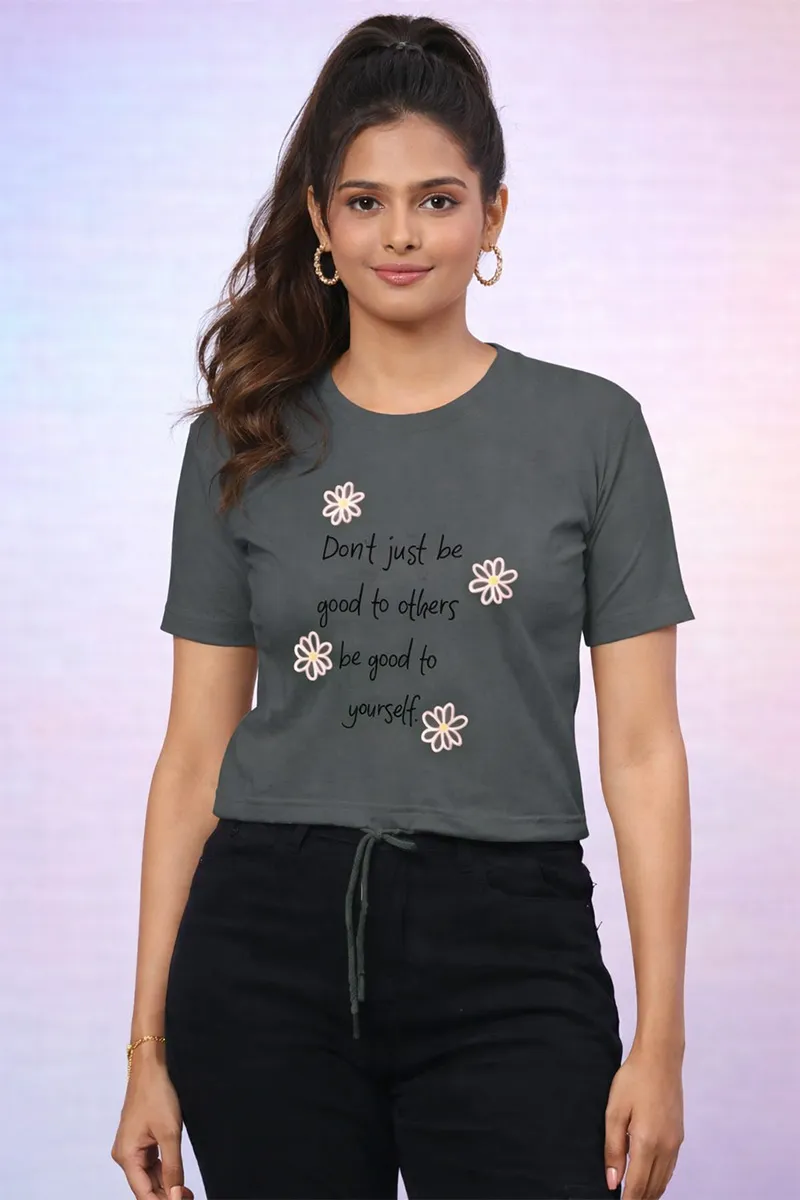 Cotton Blend Typographic Printed T-Shirt for Women 010398XLGRE2