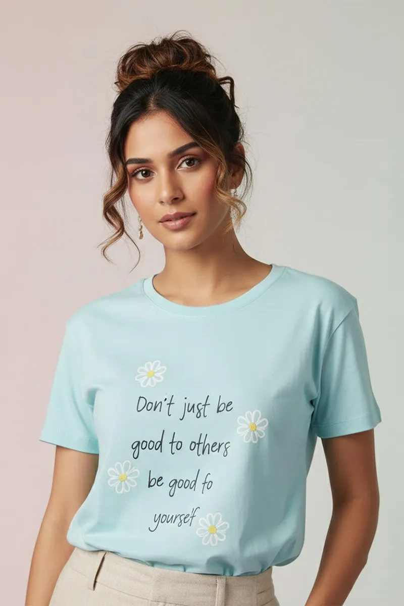 Cotton Blend Typographic Printed T-Shirt for Women 010398XLSKYBLU
