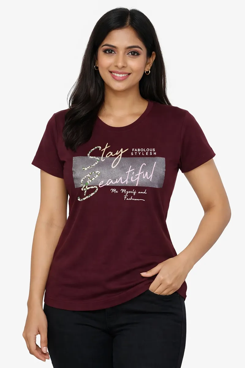 Cotton Blend Printed T-Shirt for Women 010405LPUR
