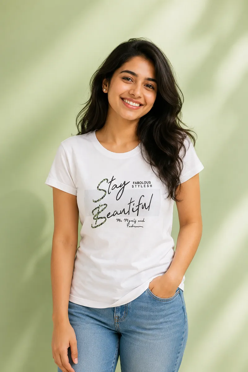 Cotton Blend Printed T-Shirt for Women 010405XLWHI