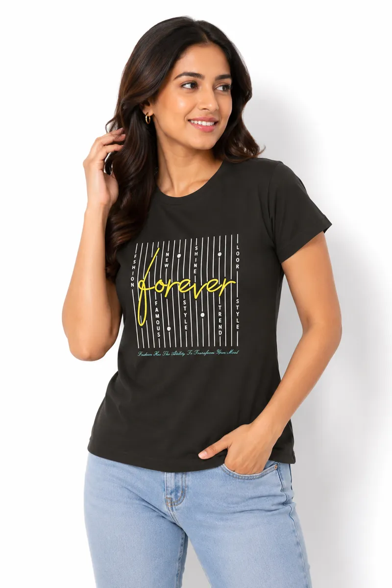 Cotton Blend Typographic Printed T-Shirt for Women