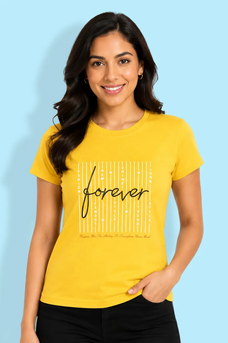 Cotton Blend Typographic Printed T-Shirt for Women 010410LMUS