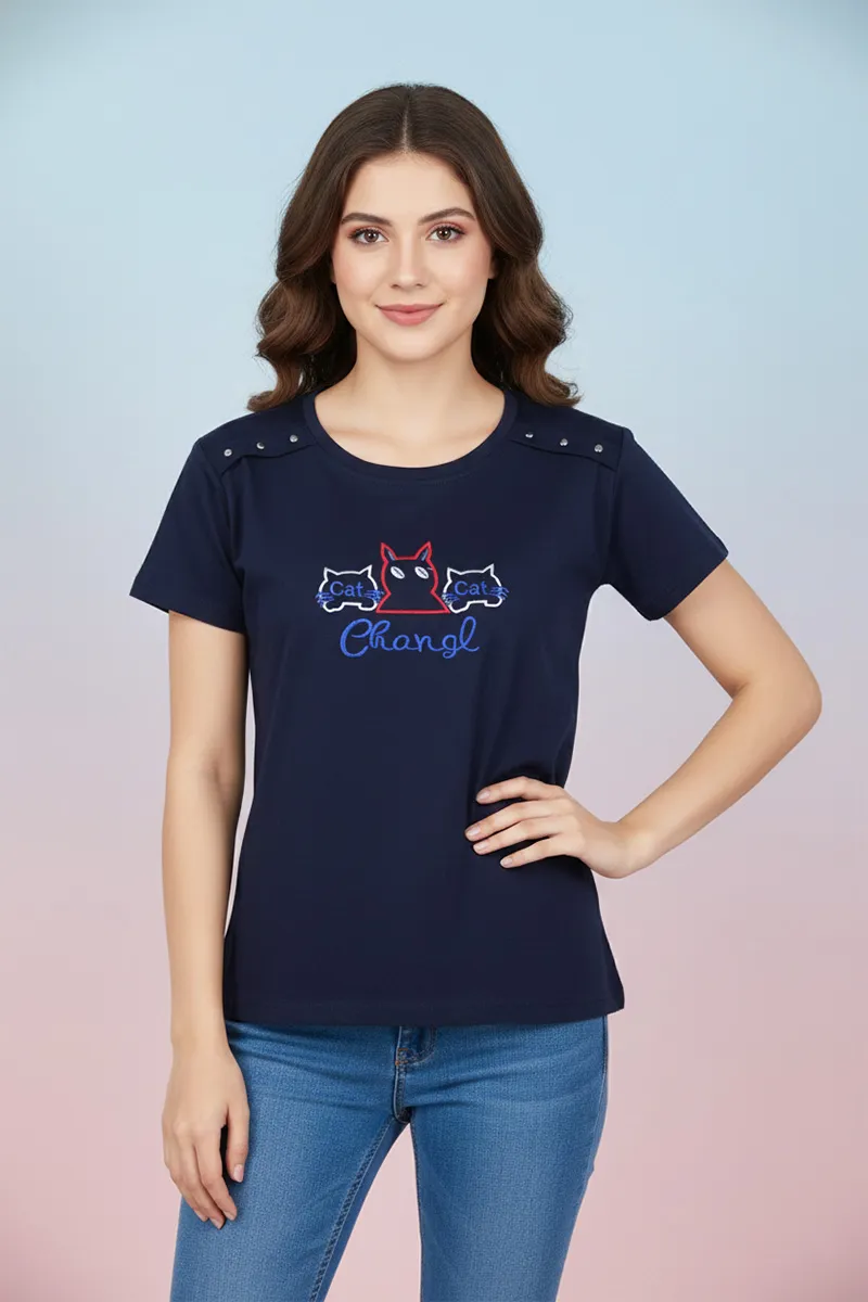 Cotton Blend Printed T-Shirt for Women 010413XLNAVBLU