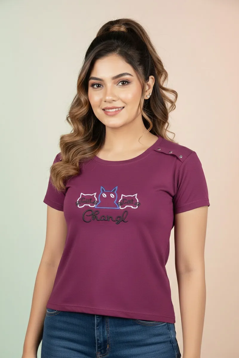 Cotton Blend Printed T-Shirt for Women 010413XLPUR