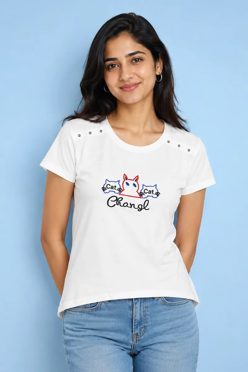 Cotton Blend Printed T-Shirt for Women 010413LOFFWHI