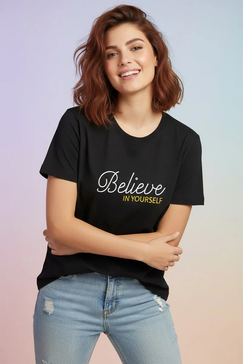 Cotton Blend Typographic Printed T-Shirt for Women 0104255XLBLA