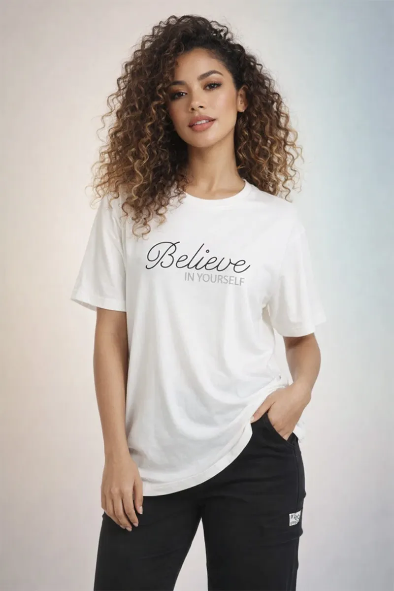 Cotton Blend Typographic Printed T-Shirt for Women 0104255XLOFFWHI