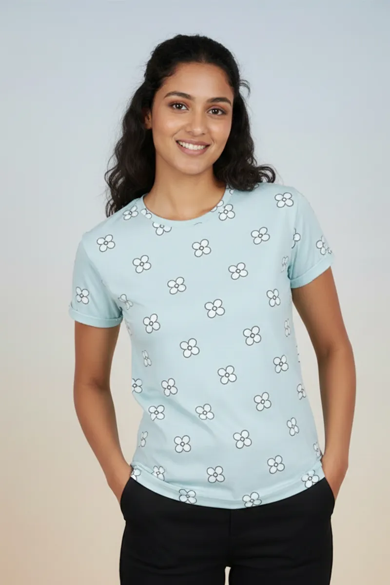Cotton Blend Floral Printed T-Shirt for Women 010434XLBABBLU