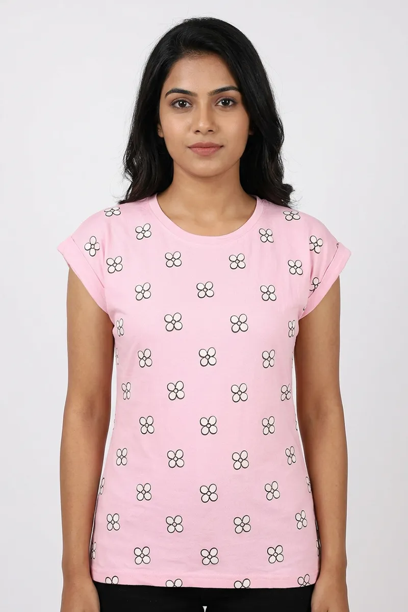 Cotton Blend Floral Printed T-Shirt for Women 010434LBABPIN