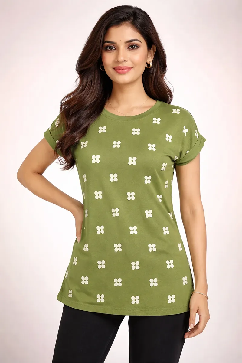 Cotton Blend Floral Printed T-Shirt for Women 010434LGRE