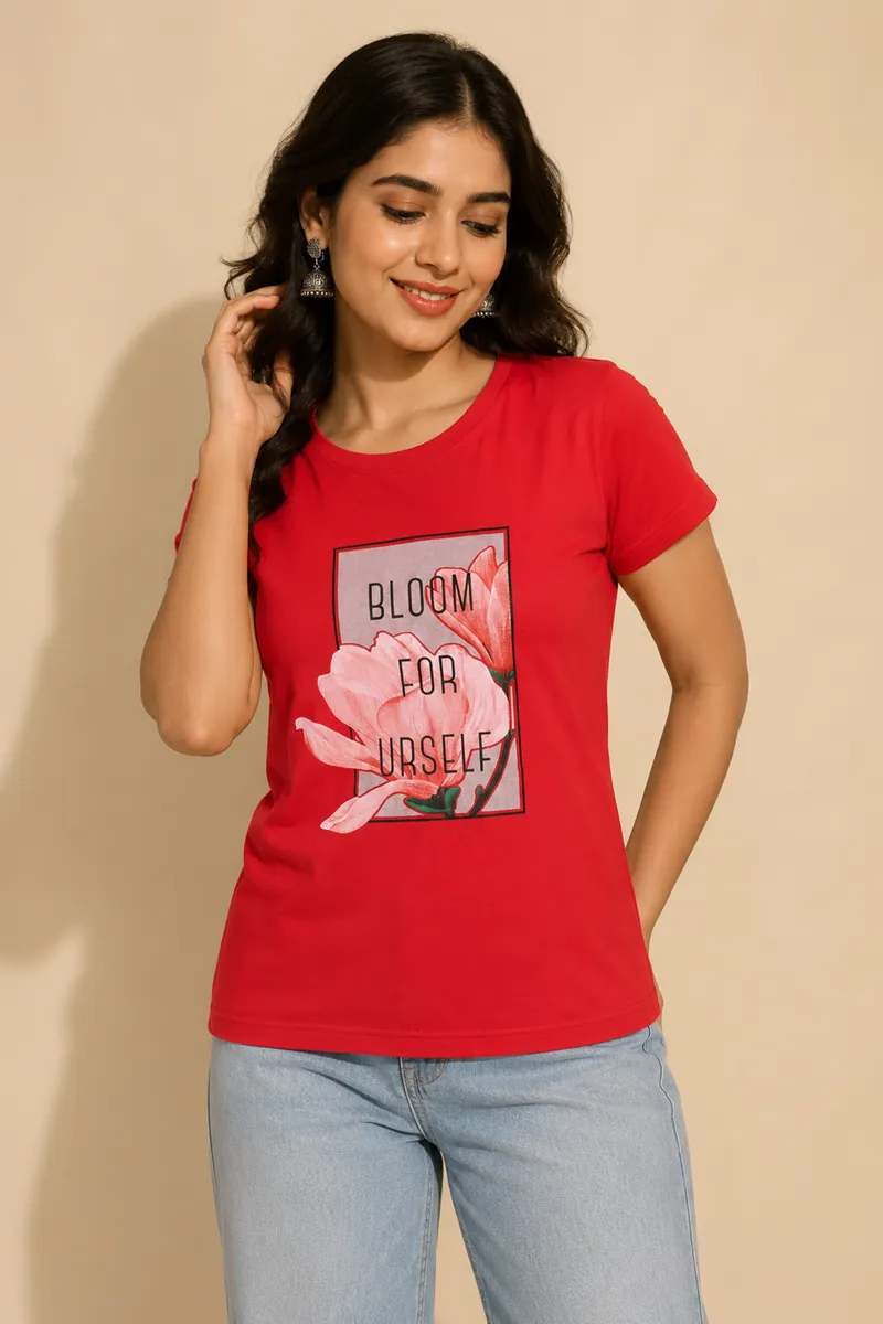 Cotton Blend Typographic Print T-Shirt for Women 010440LDEEPIN2