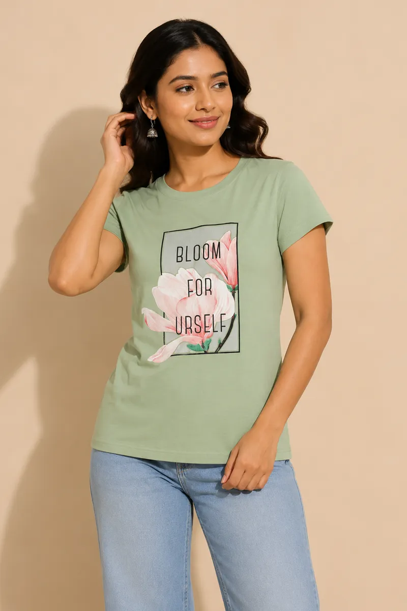 Cotton Blend Typographic Print T-Shirt for Women