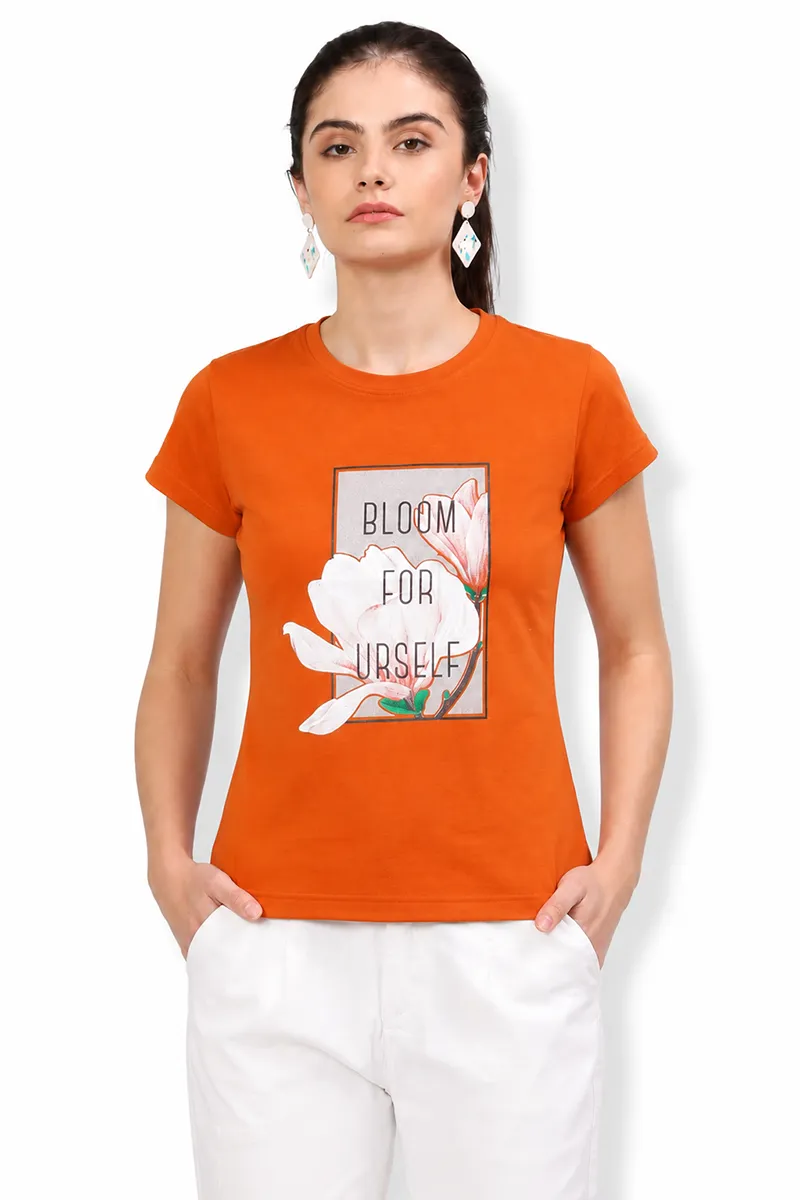Cotton Blend Typographic Print T-Shirt for Women
