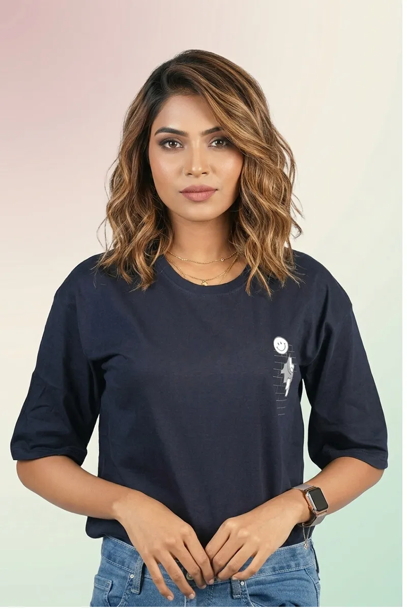 Cotton Blend Graphic Printed T-Shirt for Women 010441XLNAVBLU