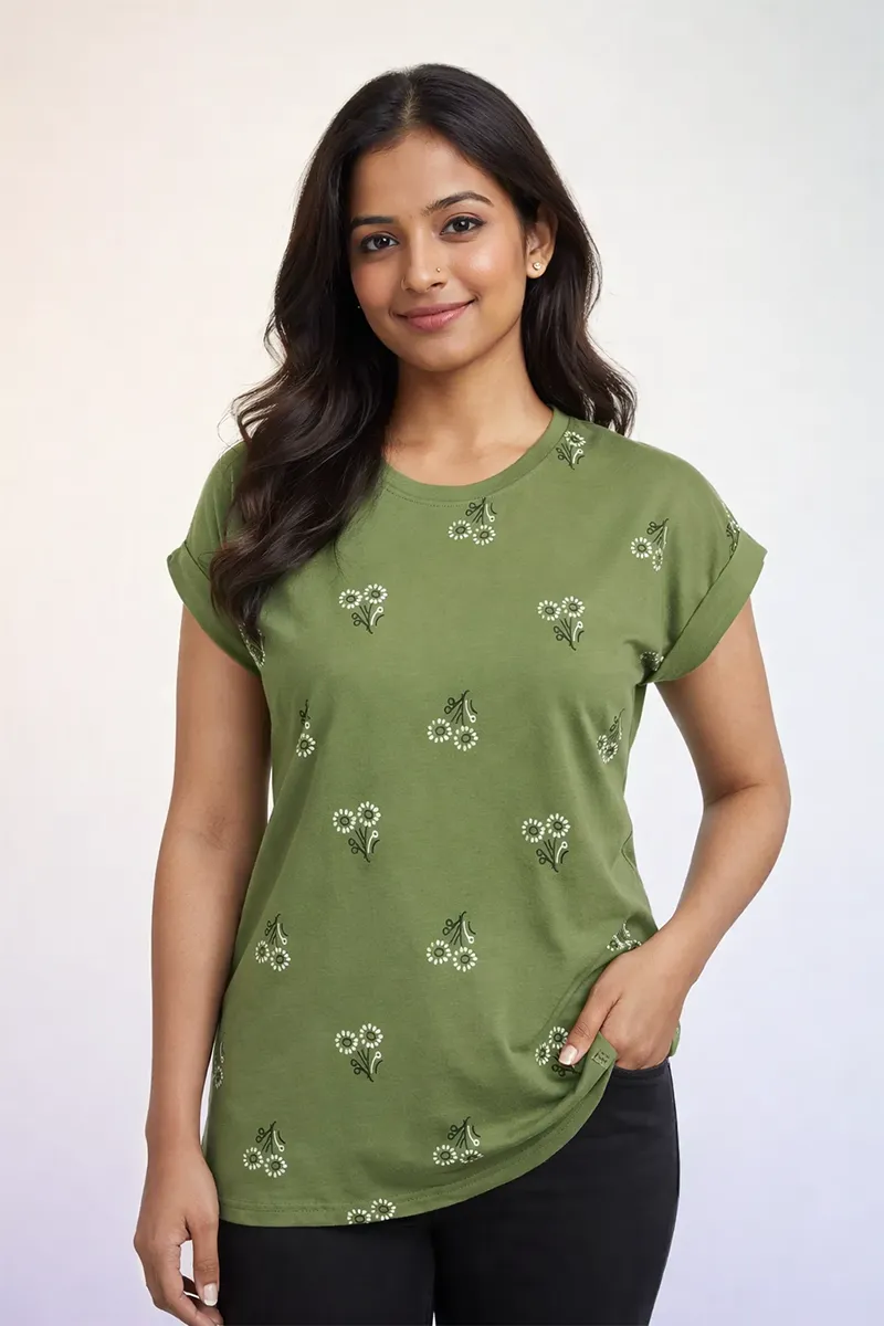 Cotton Blend Floral Printed T-Shirt for Women 010443XLDARGRE