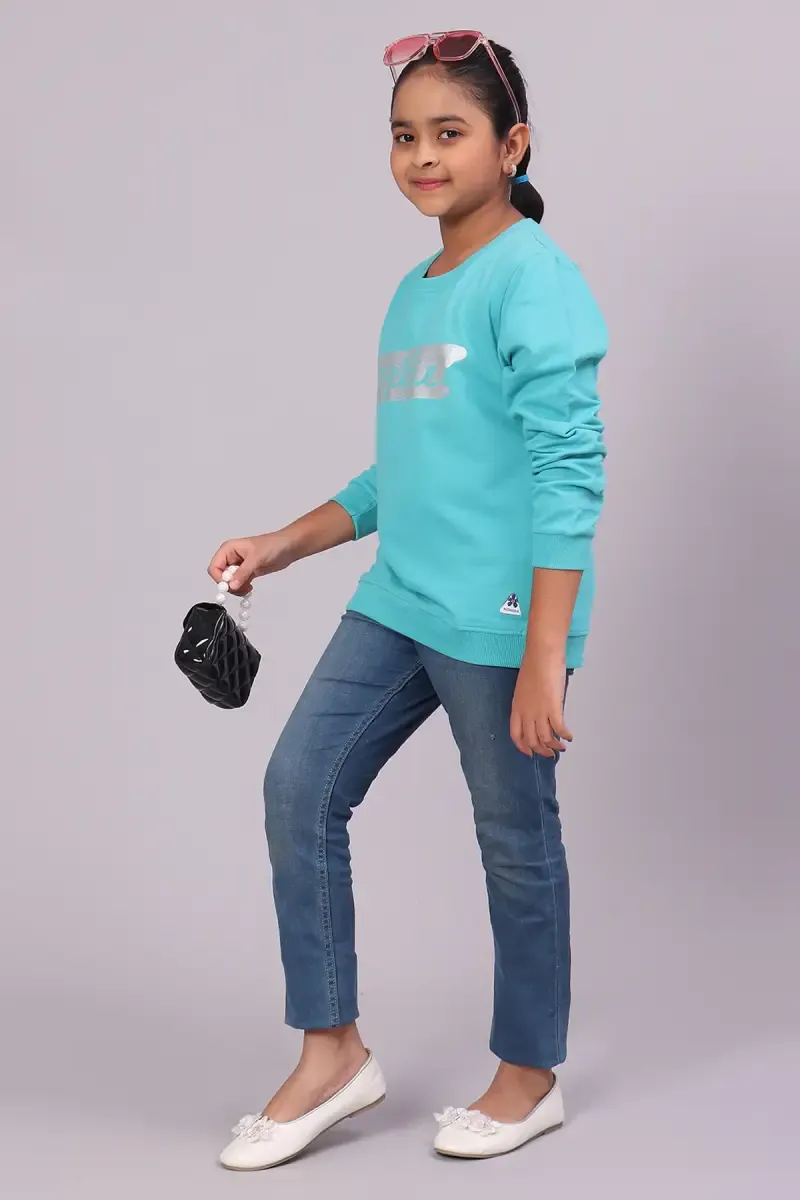 Cotton Typographic Printed Sweatshirt for Girl (10- 16 Yrs) 0105391214YRSSKYBLU