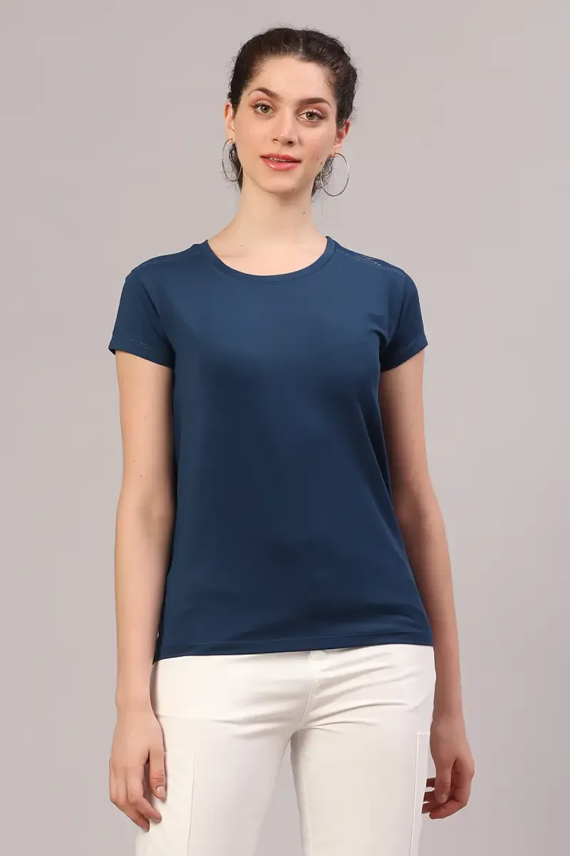 Cotton Blend Solid T-Shirt for Women 010945LDARBLU