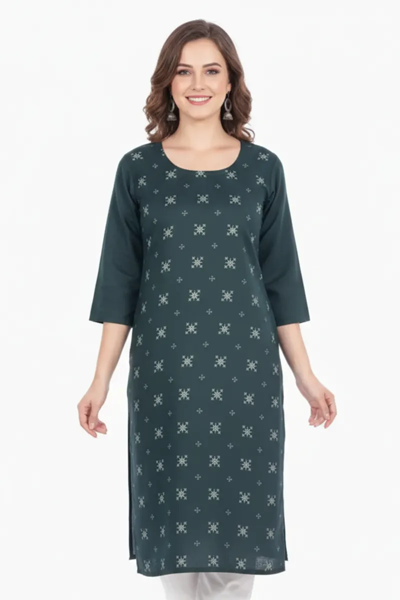Cotton Blend Ethnic Motifs Print Kurti for Women 011340LDARGRE