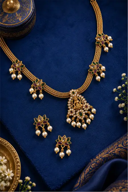 Lotus with Lakshmi Design Necklace with Earrings Set for Women