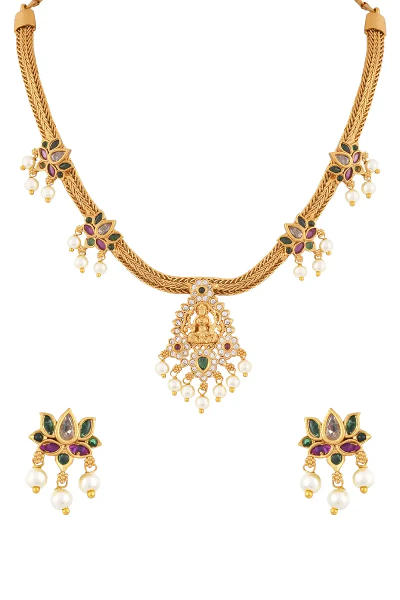 Lotus with Lakshmi Design Necklace with Earrings Set for Women