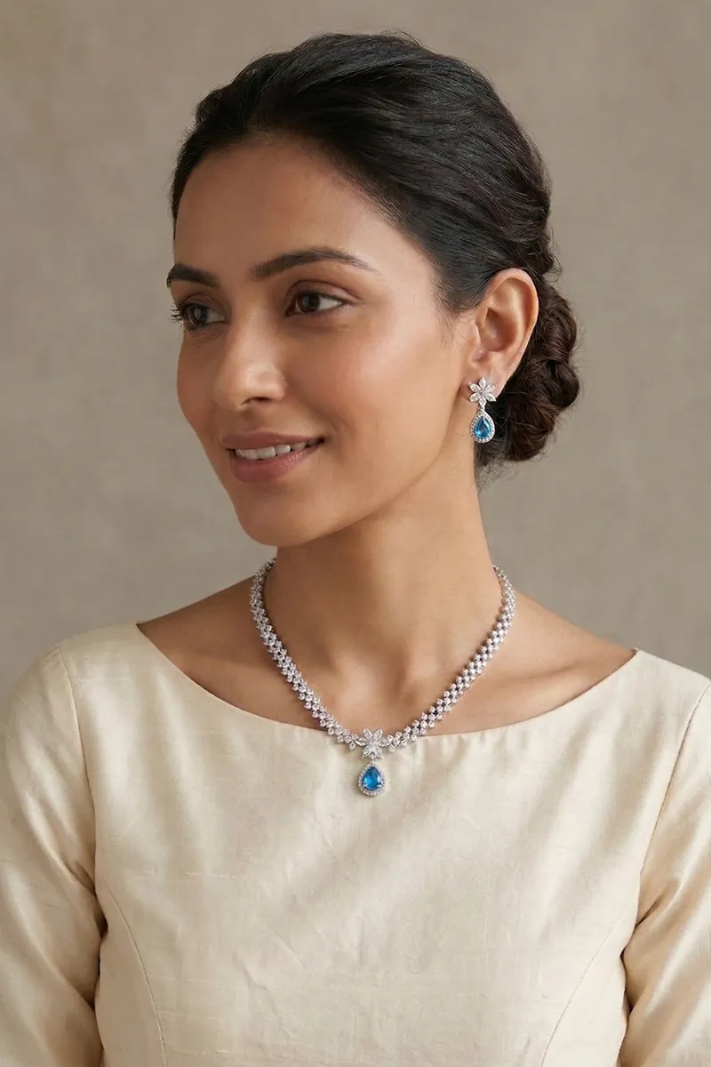 Rhodium Plating Floral Necklace with Earrings Set for Women