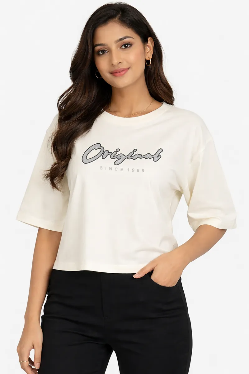 Cotton Blend Typographic Printed T-Shirt for Women 011581XLCRE