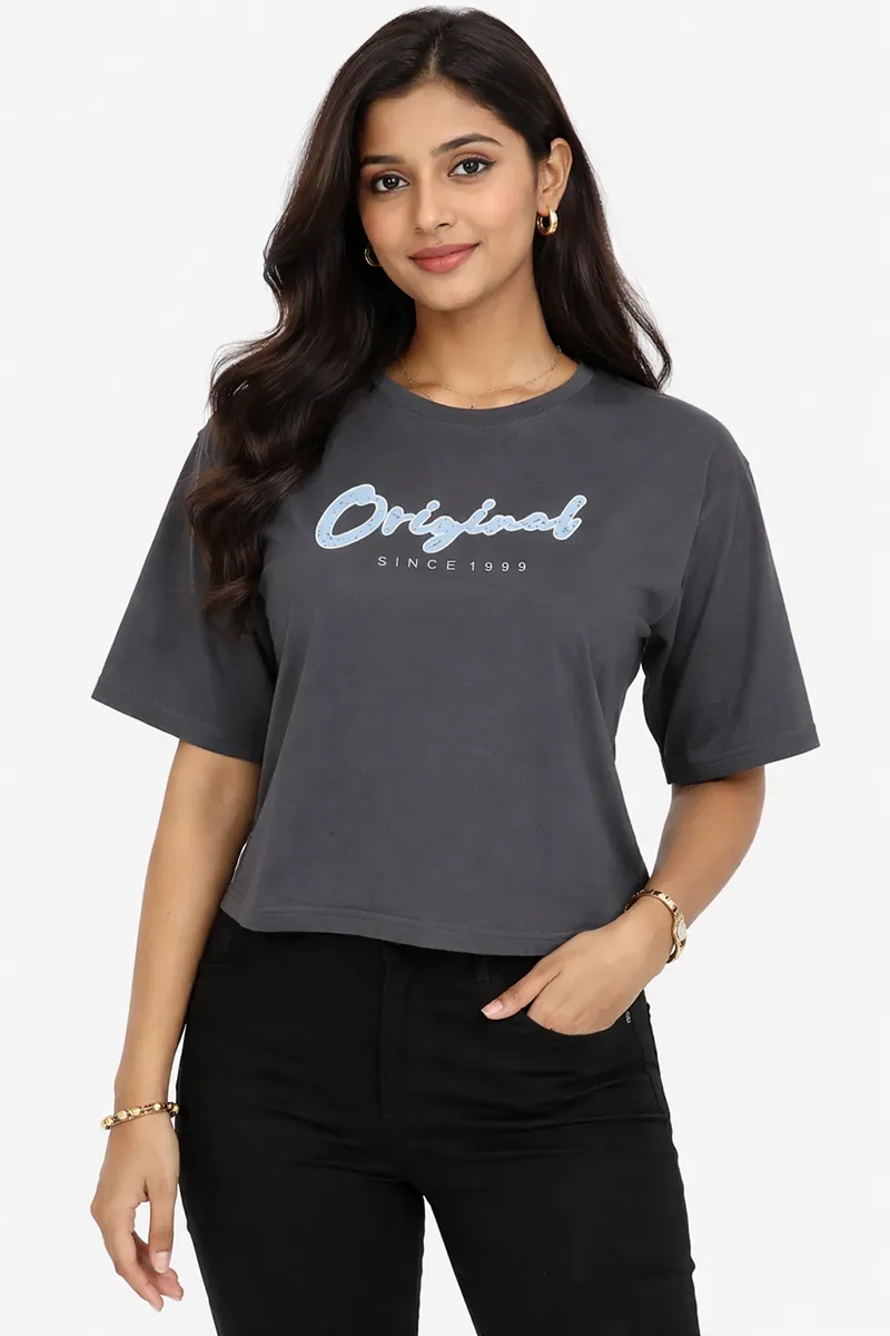 Cotton Blend Typographic Printed T-Shirt for Women 011581LGRE