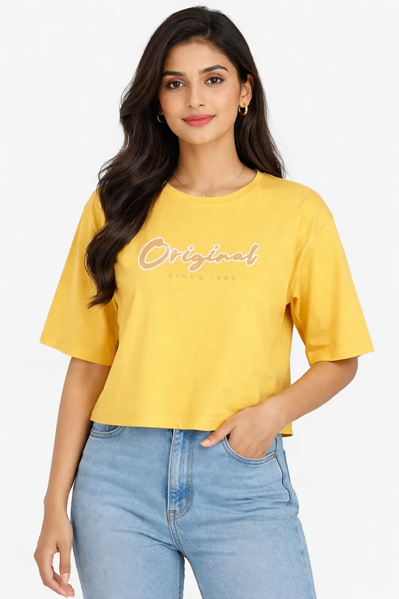 Cotton Blend Typographic Printed T-Shirt for Women 011581XLYEL