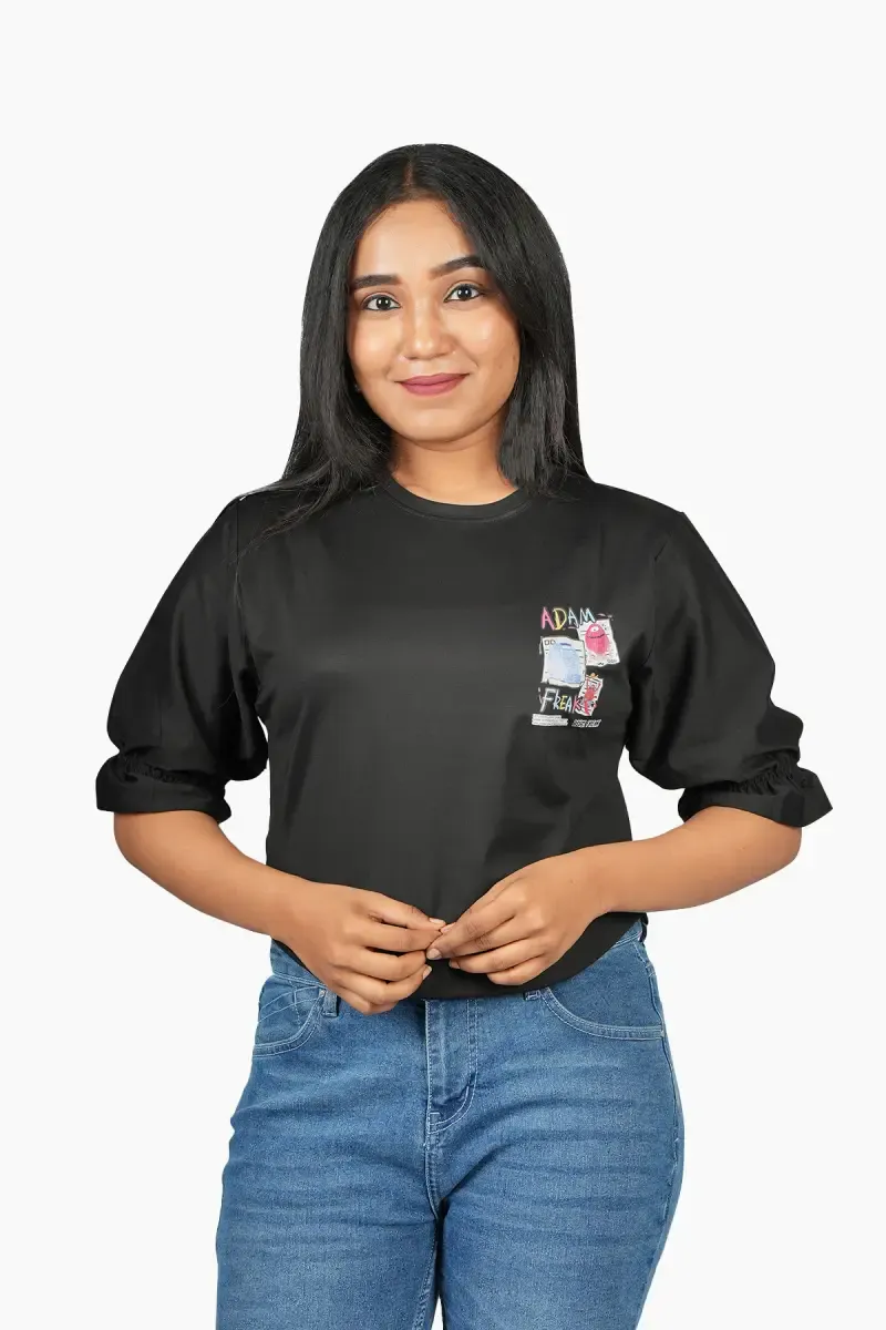 Cotton Blend Typographic Print T-Shirt for Women 011602XLBLA