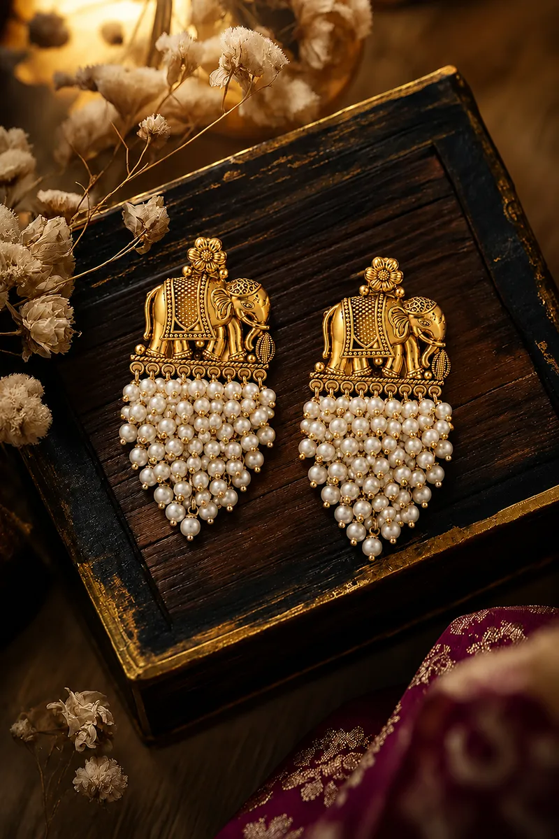 Gold Plated Pearl Beaded Elephants Design Earrings for Women
