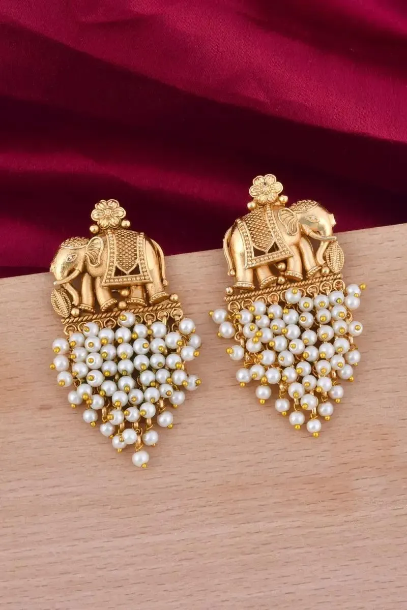 Gold Plated Pearl Beaded Elephants Design Earrings for Women 011618OFFWHI1