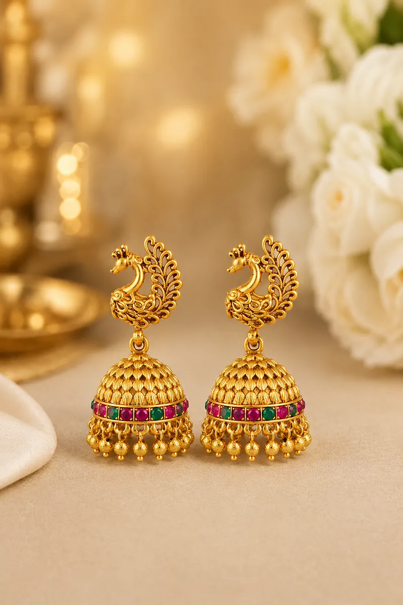 Gold Plated Peacock Design Jhumki Earrings for Women