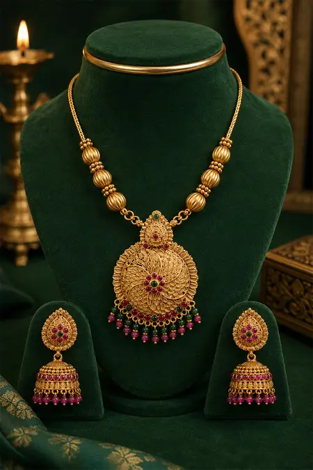 Antique Floral Design Necklace & Jhumkas set for Women