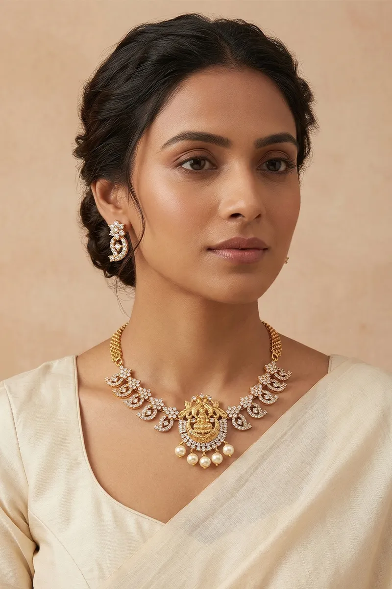 Lakshmi with Peacock Necklace & Stud Earrings Set for Women