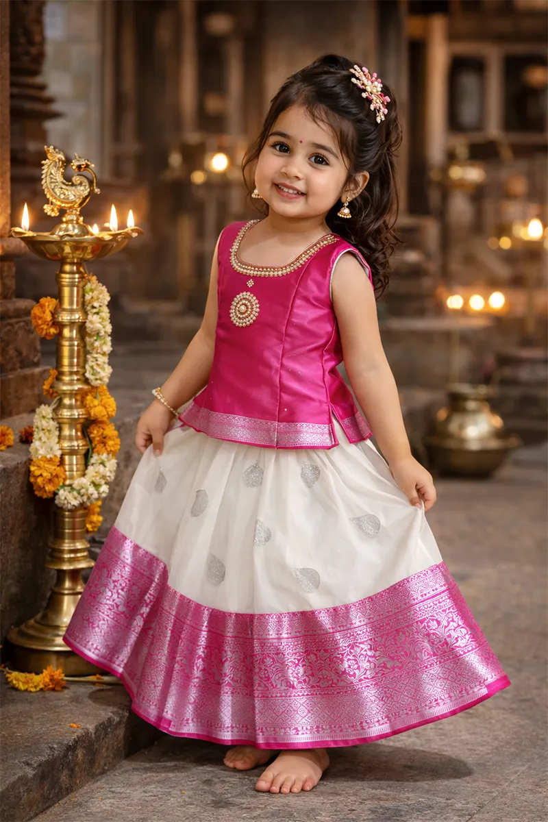 Girl's Art Silk Stone Work Pattu Pavadai (6M - 10 Yrs)