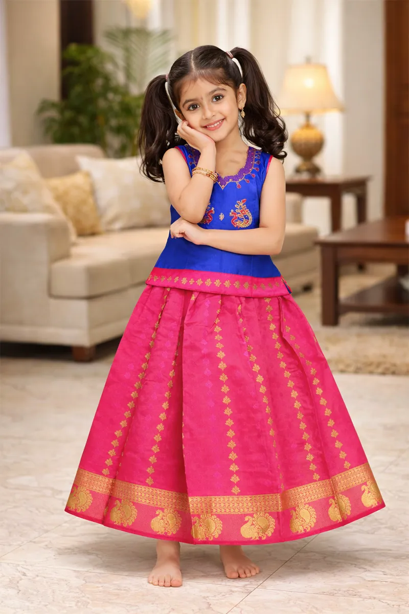 Girl's Art Silk Stone Work Pattu Pavadai (6 M - 10 Yrs)