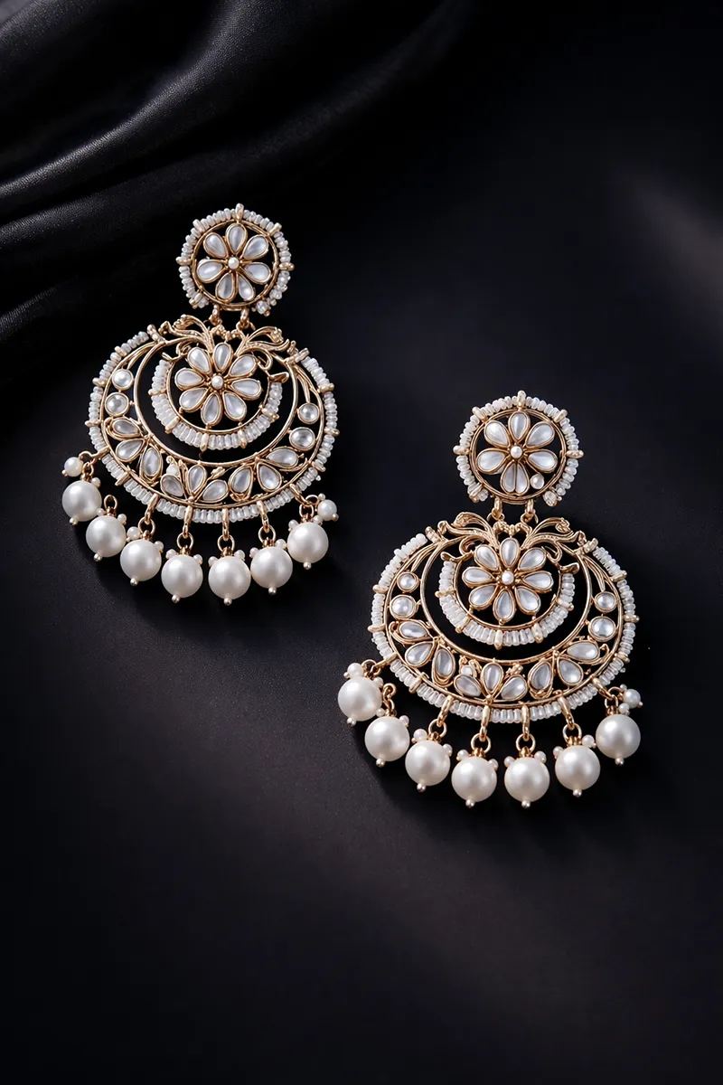 Gold Plated White Pearls Chand Bali Earrings