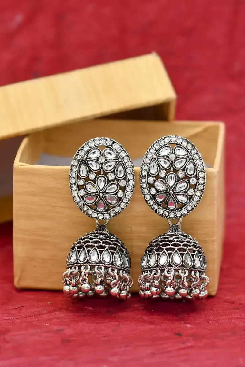 Oxidised Silver Floral Jhumki Earrings for Women