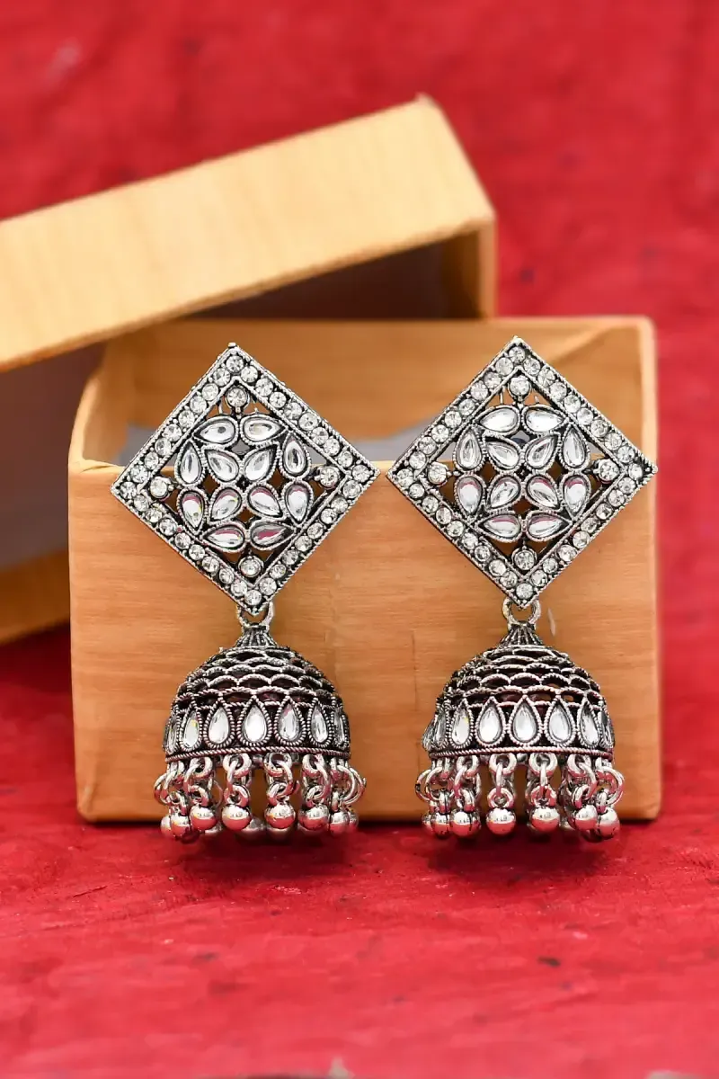 Oxidised Silver Kundan Jhumki Earrings for Women