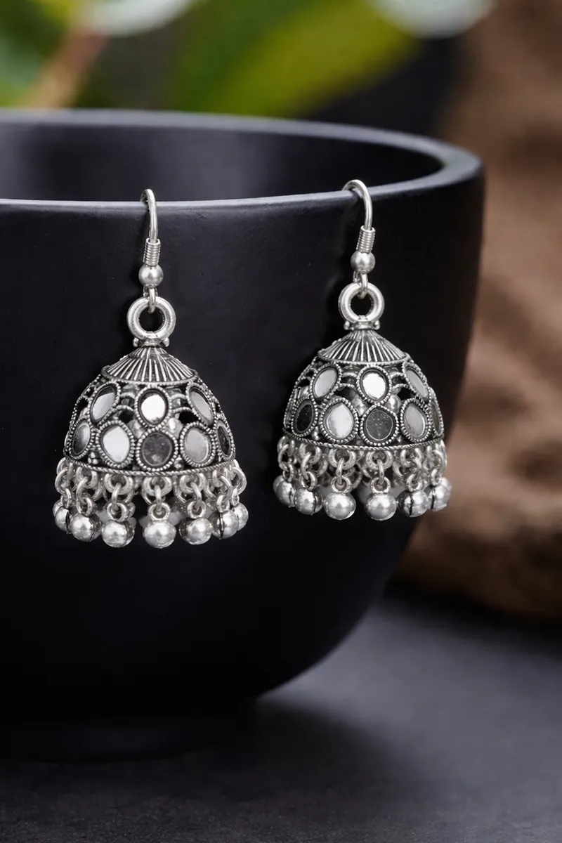 Oxidised Silver Fish Hook Jhumki Earrings for Women