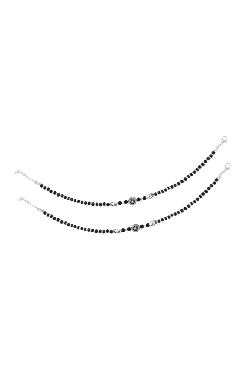 Adjustable Black Artificial Silver Beads Anklets